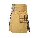 Khaki and Camouflage Tactical Kilt with Cargo Pocket and Silver Buckles