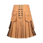Tan Tactical Kilt with Cargo Pockets and Studded Fringe - Image 3