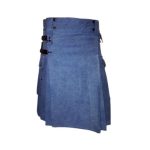 Light Blue Denim Kilt with Leather Straps and Multiple Pockets