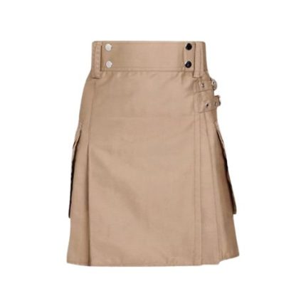 Women’s Beige Utility Kilt with Side Pockets and Buckle Straps