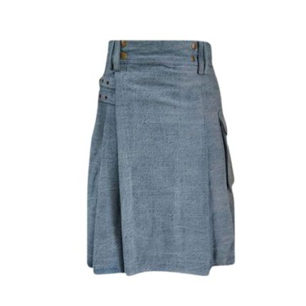 Light Wash Blue Denim Kilt with Cargo Pockets and Brass Studs