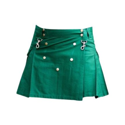Women’s Green Utility Kilt with Decorative Hardware and Pleated Design