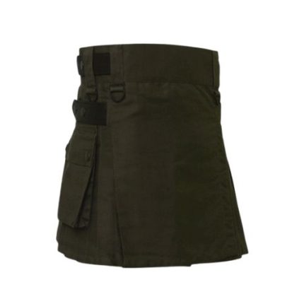 Women’s Olive Green Mini Utility Kilt with Leather Straps and Functional Pockets