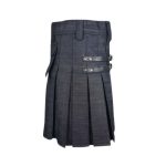 Dark Wash Denim Kilt with Black Leather Panel, Cargo Pockets, Silver Studs, and Buckles - Image 3