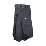 Dark Wash Denim Kilt with Black Leather Panel, Cargo Pockets, Silver Studs, and Buckles - Image 4