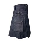 Dark Wash Denim Kilt with Black Leather Panel, Cargo Pockets, Silver Studs, and Buckles - Image 5