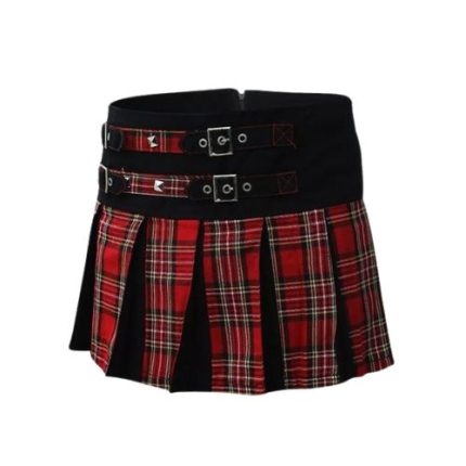 Women’s Black and Red Tartan Pleated Hybrid Kilt with Buckle Straps