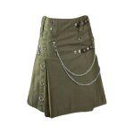 Women’s Olive Green Utility Kilt with Chain Accents and Studded Straps
