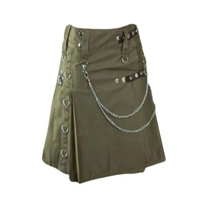Women’s Olive Green Utility Kilt with Chain Accents and Studded Straps