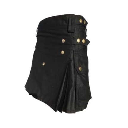 Women’s Black Utility Kilt with Gold Button Accents and Pleated Design