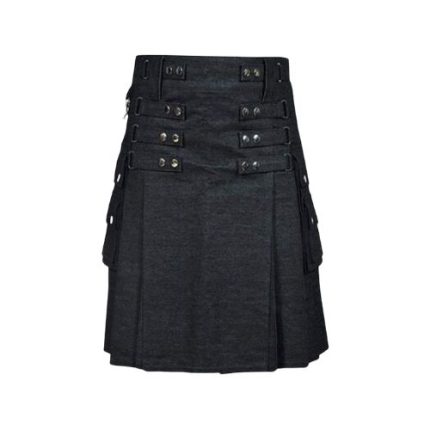 Women’s Black Denim Utility Kilt with Multi-Strap Design