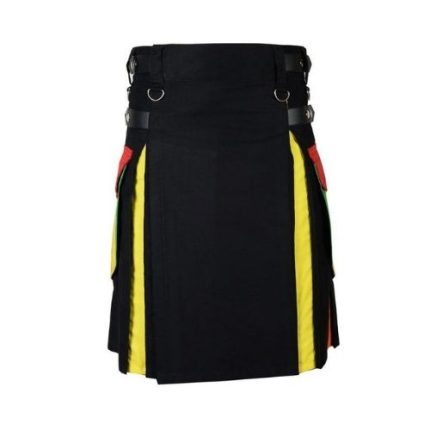 Men’s Black Utility Kilt with Rainbow Pleats and Cargo Pockets