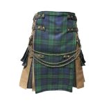 Men’s Brown and Black Gothic Hybrid Kilt with Black Watch Tartan Apron and Chains