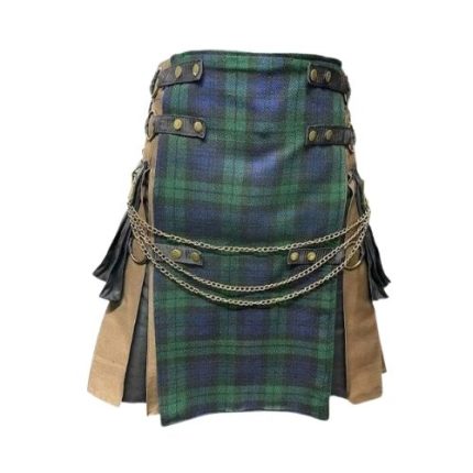 Men’s Brown and Black Gothic Hybrid Kilt with Black Watch Tartan Apron and Chains
