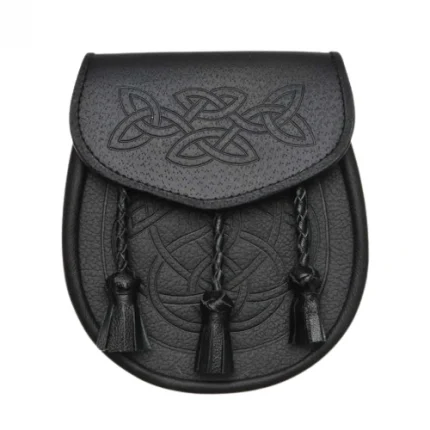 Black Leather Day Sporran with Celtic Knotwork