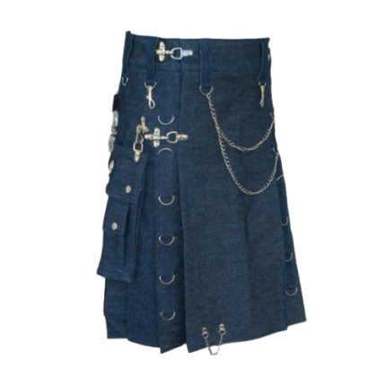 Blue Denim Kilt with Black Leather Straps, Buckles, and Silver Studs