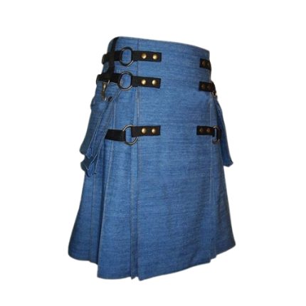 Blue Denim Kilt with Black Leather Straps, Buckles, and Cargo Pocket