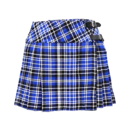 womens royal blue and black tartan mini kilt with dual buckles