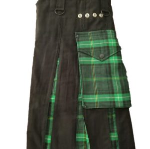 Traditional Irish Wool Kilt with Green Tartan Pocket