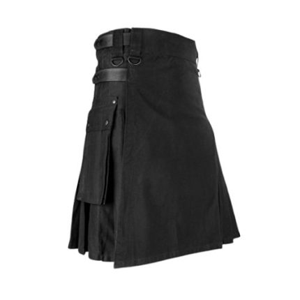 Utility Black Wool Traditional Kilt with Tartan Accents