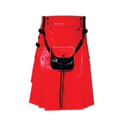 Men's Red Leather Kilt with Black Sporran and Adjustable Straps