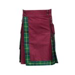 Men’s Burgundy Hybrid Kilt with US Army Tartan and Stylish Front Design