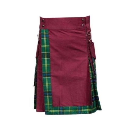 Men’s Burgundy Hybrid Kilt with US Army Tartan and Stylish Front Design