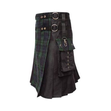 Men’s Modern Black Hybrid Kilt with Tartan Apron and Utility Pockets