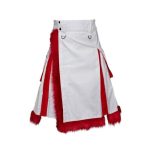 Men’s White and Red Christmas Hybrid Kilt with Fur Trim and Flap Pockets