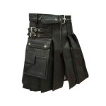 Modern Black Pleated Leather Kilt with Side Pocket Design