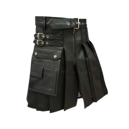 Modern Black Pleated Leather Kilt with Side Pocket Design