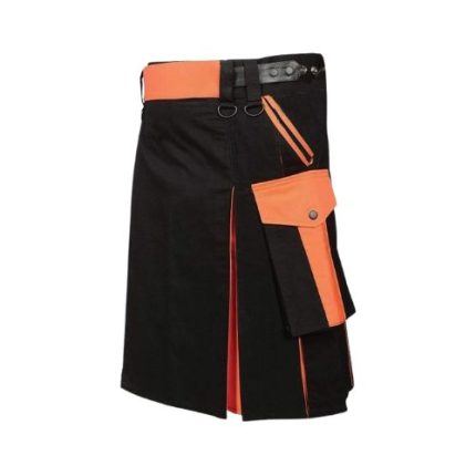 Men’s Black and Orange Utility Kilt with Cargo Pockets and Modern Design