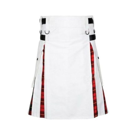 Men’s White Hybrid Utility Kilt with Wallace Tartan Accents