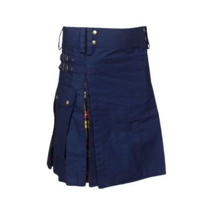 Men’s Navy Blue Hybrid Utility Kilt with Buchanan Tartan Pleats