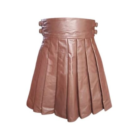 Stylish Brown Pleated Leather Kilt with Double Buckle Design
