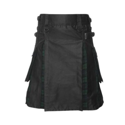 Men’s Black Hybrid Utility Kilt with Black Watch Tartan Pleats