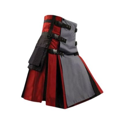 Men’s Red and Black Hybrid Kilt with Grey Front Apron and Cargo Pockets