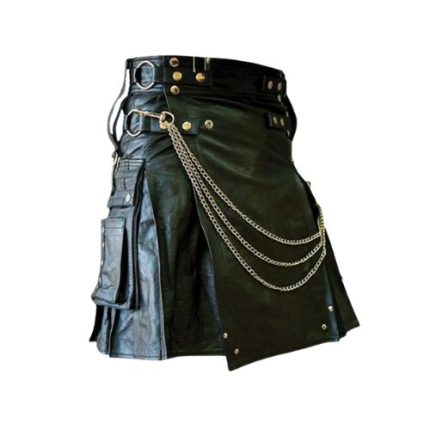 Men's Black Gothic Leather Kilt with Chains and Utility Pockets