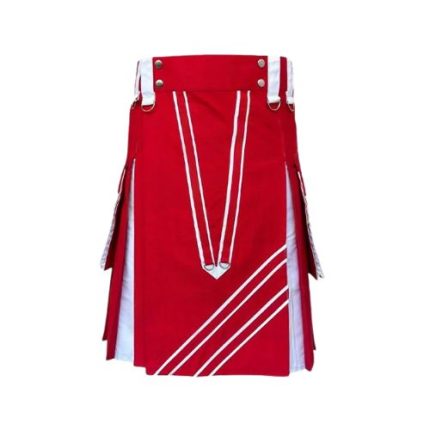 Men’s Red and White Modern Hybrid Kilt with Stylish Detailing