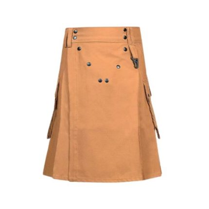 Tan Tactical Kilt with Cargo Pockets and Studded Fringe