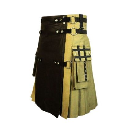 Men’s Khaki Hybrid Utility Kilt with Black Leather Apron