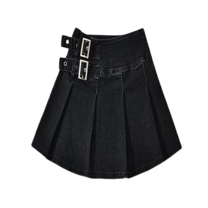 Women’s Black Denim Pleated Mini Kilt with Buckle Straps