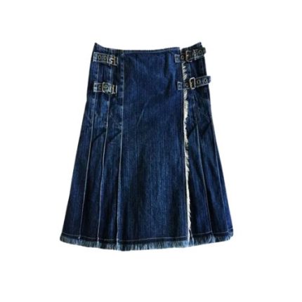 womens stylish blue denim kilt with pleats and double buckles