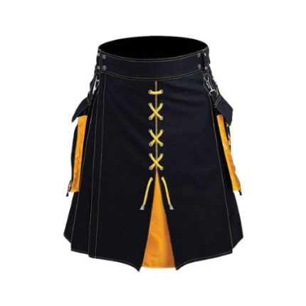 Men’s Black and Yellow Hybrid Kilt with Lace-Up Front and Detachable Pockets