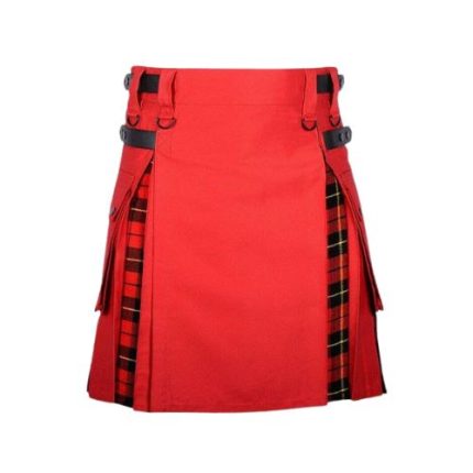 Men’s Red Hybrid Utility Kilt with Wallace Tartan Pleats and Leather Straps