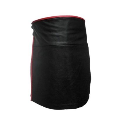 Modern Black Leather Kilt with Red Piping and Buckle Straps