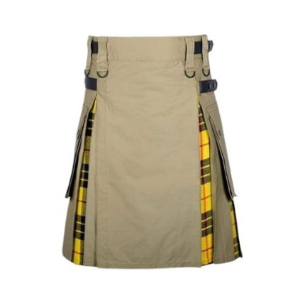 Men’s Khaki Hybrid Utility Kilt with MacLeod of Lewis Tartan Pleats