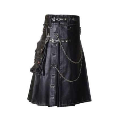 Men's Black Leather Gothic Kilt with Chains and Utility Pockets