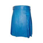 Vibrant Blue Leather Kilt with Pleated Design and Wide Waistband