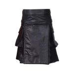 Modern Black Leather Kilt with Utility Pockets and Adjustable Straps